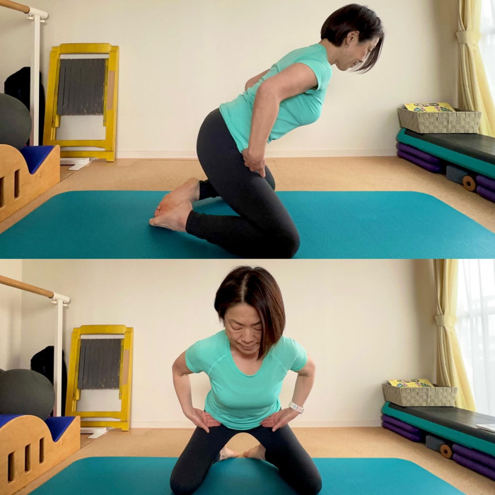 ①股関節の動き：2、頭からお尻まで一直線を保つ   3、股関節を曲げて上体を前に傾ける